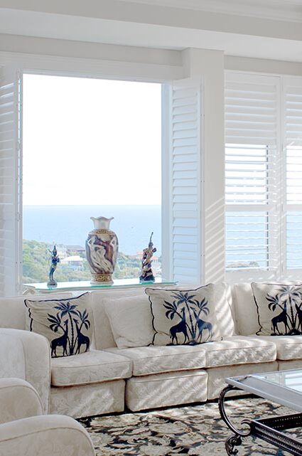 A bright and airy room with large windows, there are plants and furniture visible in the background.